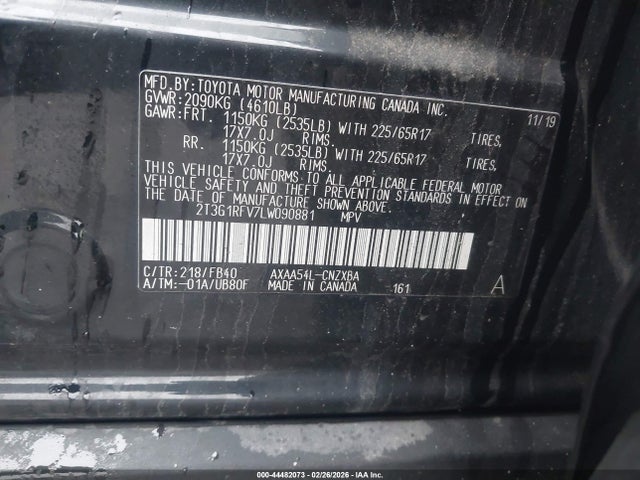 44482073 :رقم المزاد ، 2T3G1RFV7LW090881 vin ، 2020 Toyota Rav4 Le مزاد بيع