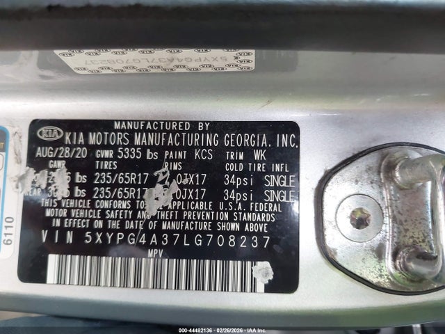 Продажа на аукционе авто 2020 Kia Sorento 2.4l Lx, vin: 5XYPG4A37LG708237, номер лота: 44482136