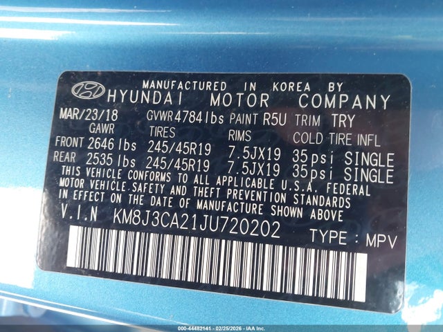 KM8J3CA21JU720202 Hyundai Tucson Limited