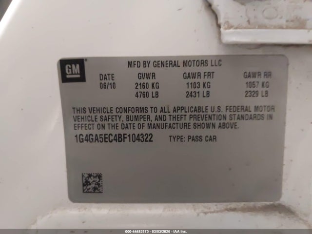 2011 Buick Lacrosse Cx მანქანა იყიდება აუქციონზე, vin: 1G4GA5EC4BF104322, აუქციონის ნომერი: 44482170