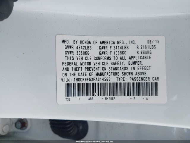 Aukcja sprzedaży 2015 Honda Accord Hybrid Ex-l, vin: 1HGCR6F5XFA014565, numer aukcji: 44482205