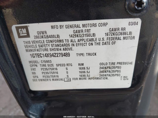 2004 Gmc Sierra 1500 Work Truck მანქანა იყიდება აუქციონზე, vin: 1GTEC14X94Z279489, აუქციონის ნომერი: 44482231