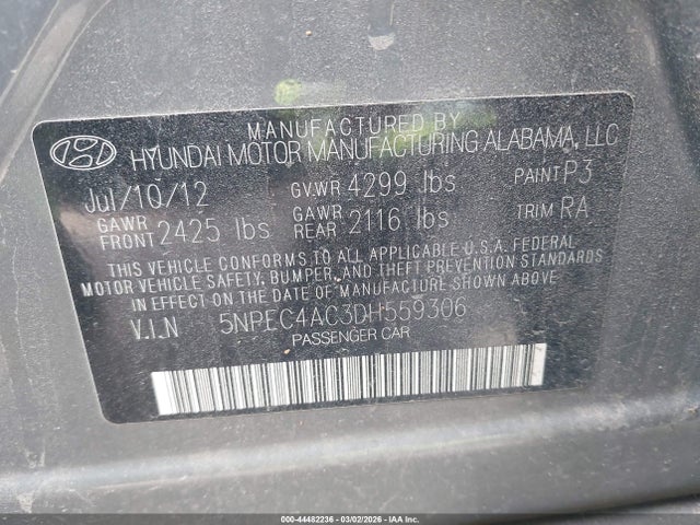 2013 Hyundai Sonata Se მანქანა იყიდება აუქციონზე, vin: 5NPEC4AC3DH559306, აუქციონის ნომერი: 44482236