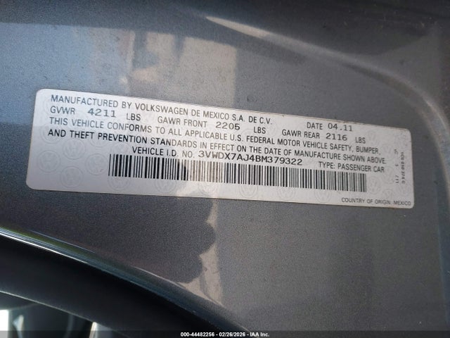 2011 Volkswagen Jetta 2.5l Se მანქანა იყიდება აუქციონზე, vin: 3VWDX7AJ4BM379322, აუქციონის ნომერი: 44482256
