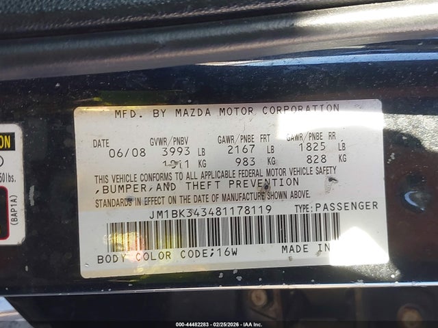 2008 Mazda Mazda3 S Touring მანქანა იყიდება აუქციონზე, vin: JM1BK343481178119, აუქციონის ნომერი: 44482283