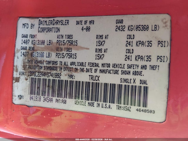 2000 DODGE DAKOTA 1B7GL22N4YS741892 Photo 8