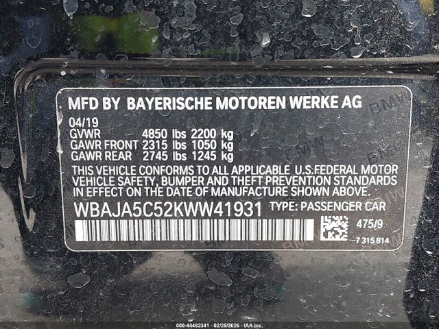 Aukcja sprzedaży 2019 Bmw 530i, vin: WBAJA5C52KWW41931, numer aukcji: 44482341