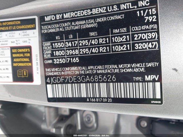 44482351 :رقم المزاد ، 4JGDF7DE3GA685626 vin ، 2016 Mercedes-benz Gl 550 4matic مزاد بيع