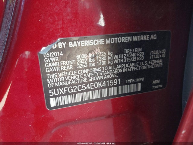 44482367 :رقم المزاد ، 5UXFG2C54E0K41591 vin ، 2014 Bmw X6 Xdrive35i مزاد بيع