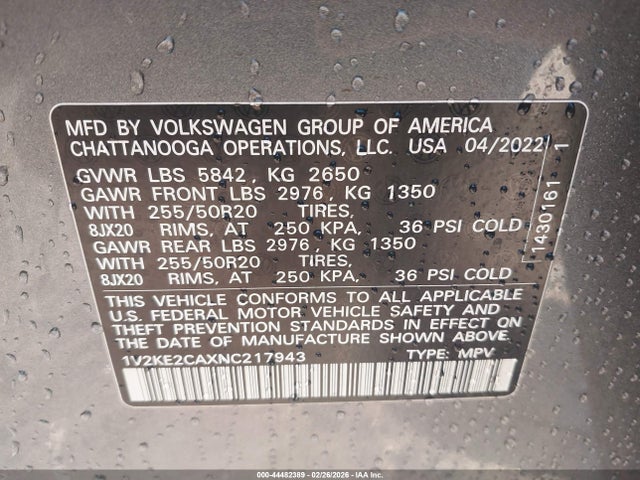 44482389 :رقم المزاد ، 1V2KE2CAXNC217943 vin ، 2022 Volkswagen Atlas Cross Sport 3.6l V6 Se W/technology مزاد بيع