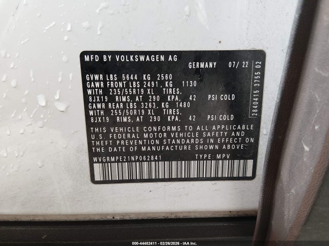 Продаж на аукціоні авто 2022 Volkswagen Id.4 Pro, vin: WVGRMPE21NP062841, номер лоту: 44482411