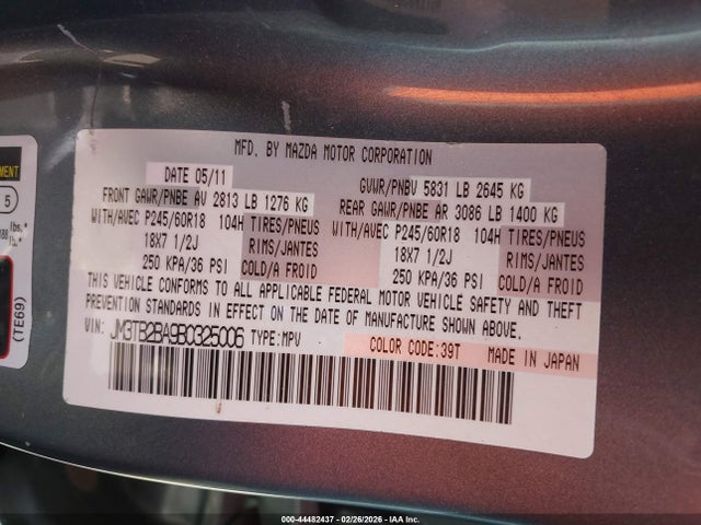 Продажа на аукционе авто 2011 Mazda Cx-9 Sport, vin: JM3TB2BA9B0325006, номер лота: 44482437
