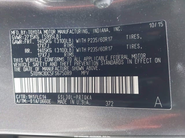 Toyota Sienna Xle 8 Passenger 2015 5TDYK3DC5FS675089 Image 9