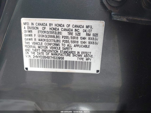 44482498 :رقم المزاد ، 2HNYD28497H533958 vin ، 2007 Acura Mdx Technology Package مزاد بيع