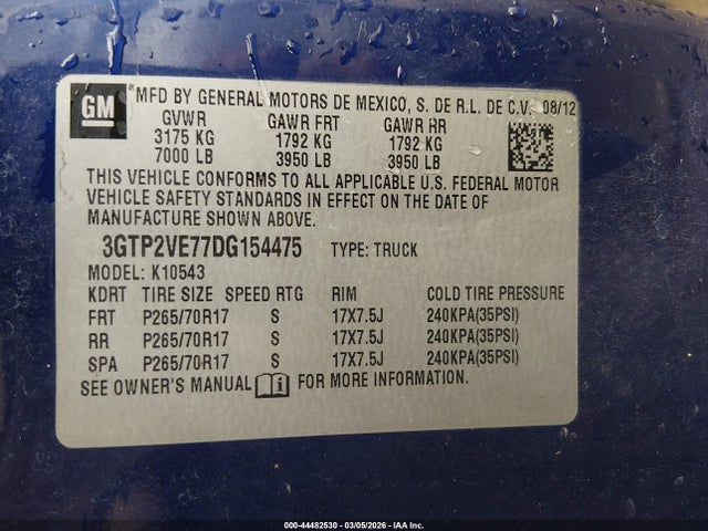Aukcja sprzedaży 2013 Gmc Sierra 1500 Sle, vin: 3GTP2VE77DG154475, numer aukcji: 44482530