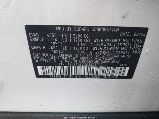 Продаж на аукціоні авто 2025 Subaru Outback Onyx Edition, vin: 4S4BTALC2S3306237, номер лоту: 44482547