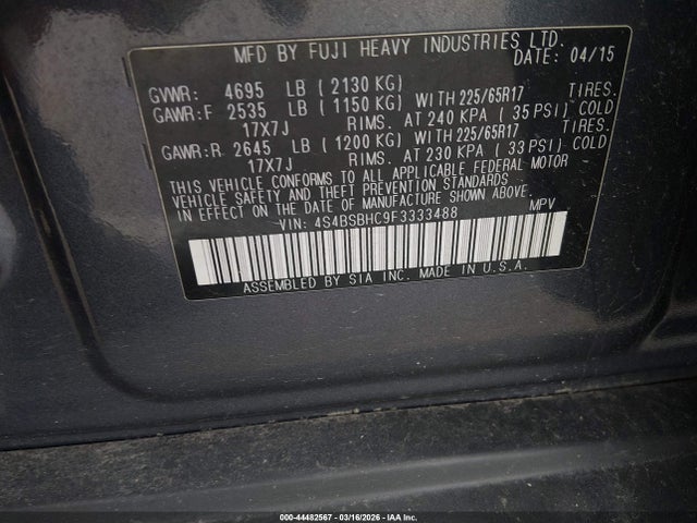 2015 Subaru Outback 2.5i Premium მანქანა იყიდება აუქციონზე, vin: 4S4BSBHC9F3333488, აუქციონის ნომერი: 44482567