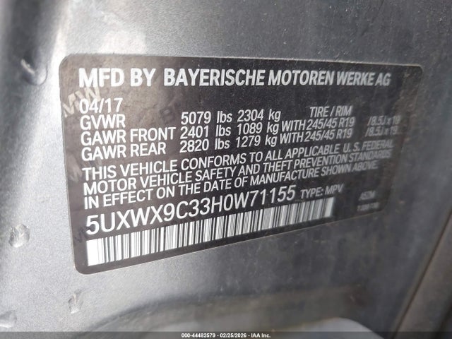 2017 Bmw X3 Xdrive28i მანქანა იყიდება აუქციონზე, vin: 5UXWX9C33H0W71155, აუქციონის ნომერი: 44482579
