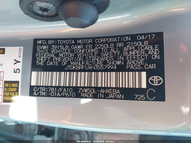 JTDKBRFUXH3557994 Toyota Prius Two