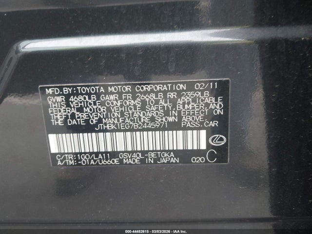Aukcja sprzedaży 2011 Lexus Es 350, vin: JTHBK1EG7B2445971, numer aukcji: 44482615
