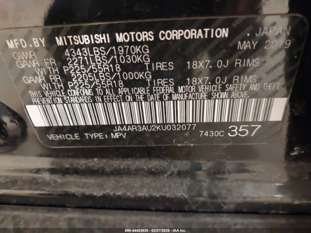 Aukcja sprzedaży 2019 Mitsubishi Outlander Sport 2.0 Es, vin: JA4AR3AU2KU032077, numer aukcji: 44482638