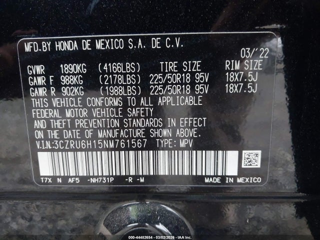 3CZRU6H15NM761567 Honda Hr-v Awd Sport