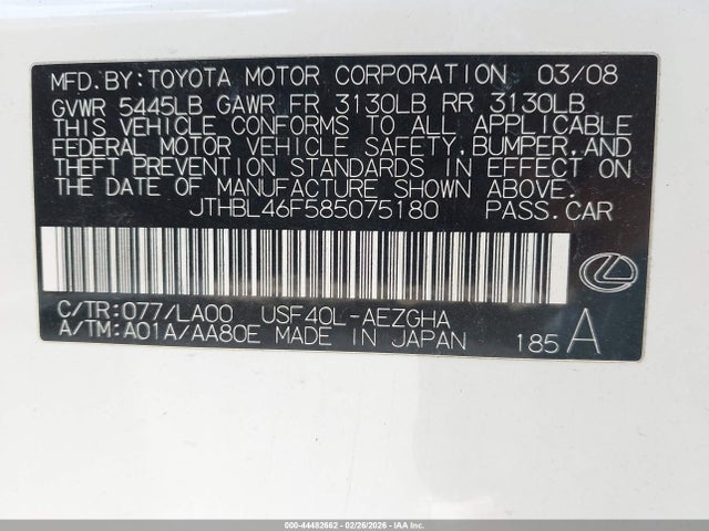 44482662 :رقم المزاد ، JTHBL46F585075180 vin ، 2008 Lexus Ls 460 مزاد بيع