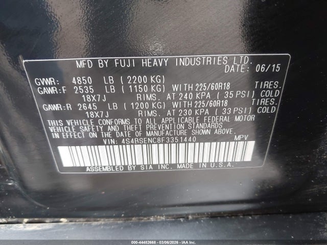 2015 Subaru Outback 3.6r Limited მანქანა იყიდება აუქციონზე, vin: 4S4BSENC8F3351440, აუქციონის ნომერი: 44482668