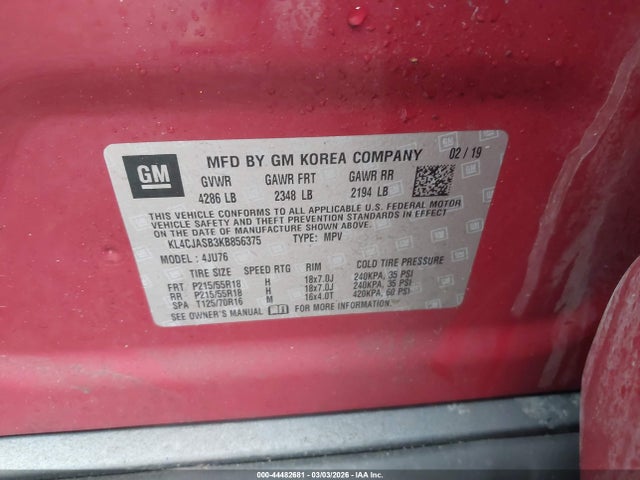 44482681 :رقم المزاد ، KL4CJASB3KB856375 vin ، 2019 Buick Encore Fwd Preferred مزاد بيع