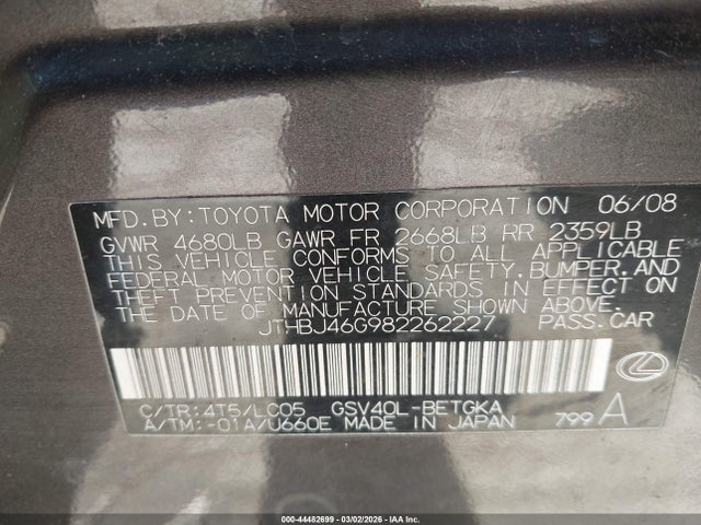 44482699 :رقم المزاد ، JTHBJ46G982262227 vin ، 2008 Lexus Es 350 مزاد بيع