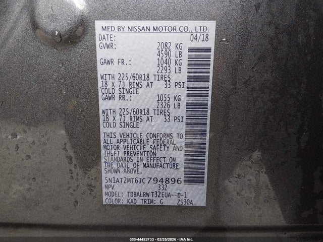 2018 Nissan Rogue Sl მანქანა იყიდება აუქციონზე, vin: 5N1AT2MT6JC794896, აუქციონის ნომერი: 44482733