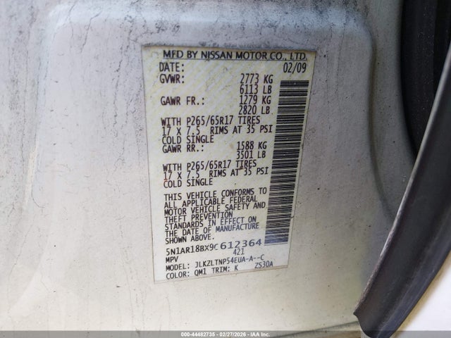 2009 Nissan Pathfinder Se მანქანა იყიდება აუქციონზე, vin: 5N1AR18BX9C612364, აუქციონის ნომერი: 44482735