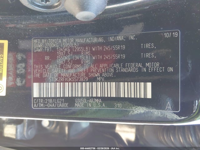 5TDKZRFH3KS573829 Toyota Highlander Se