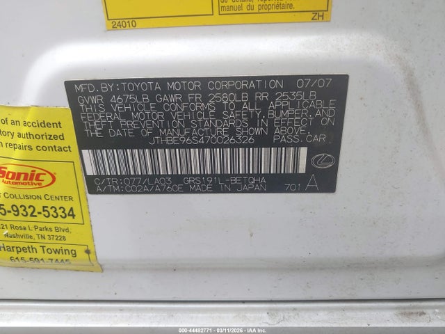 Aukcja sprzedaży 2007 Lexus Gs 350, vin: JTHBE96S470026326, numer aukcji: 44482771