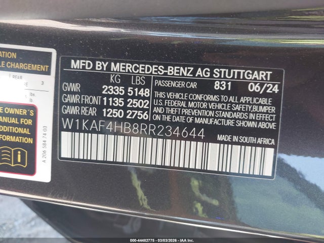 Продаж на аукціоні авто 2024 Mercedes-benz C 300, vin: W1KAF4HB8RR234644, номер лоту: 44482775