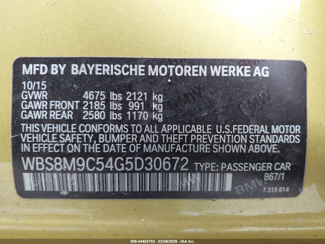 44482782 :رقم المزاد ، WBS8M9C54G5D30672 vin ، 2016 Bmw M3 مزاد بيع