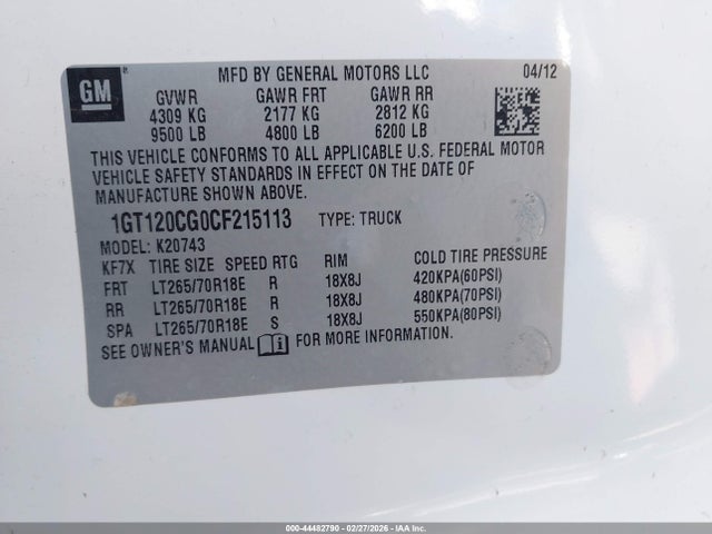 Aukcja sprzedaży 2012 Gmc Sierra 2500hd Sle, vin: 1GT120CG0CF215113, numer aukcji: 44482790