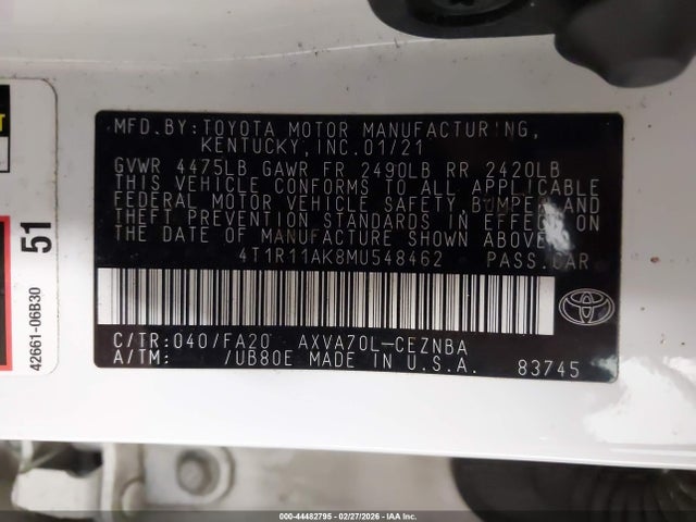 2021 Toyota Camry Le მანქანა იყიდება აუქციონზე, vin: 4T1R11AK8MU548462, აუქციონის ნომერი: 44482795
