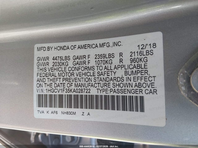 44482810 :رقم المزاد ، 1HGCV1F35KA028722 vin ، 2019 Honda Accord Sport مزاد بيع
