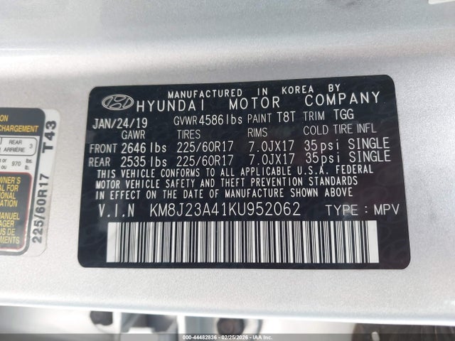 44482836 :رقم المزاد ، KM8J23A41KU952062 vin ، 2019 Hyundai Tucson Se مزاد بيع