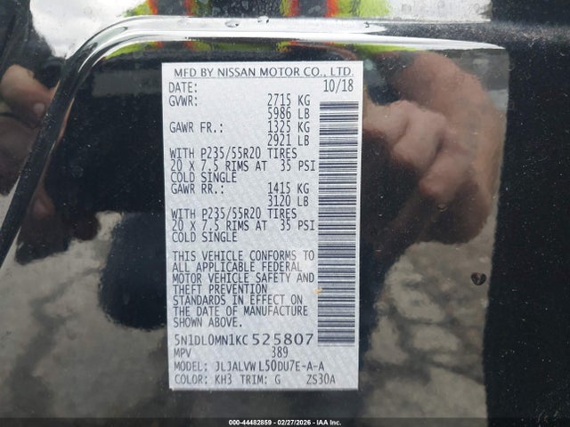 44482859 :رقم المزاد ، 5N1DL0MN1KC525807 vin ، 2019 Infiniti Qx60 Luxe مزاد بيع