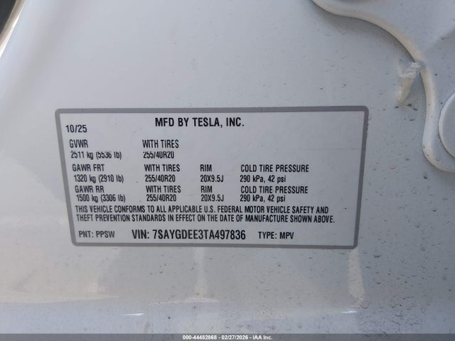 7SAYGDEE3TA497836 Tesla Model Y
