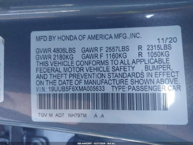Продажа на аукционе авто 2021 Acura Tlx Advance Package, vin: 19UUB5F6XMA005633, номер лота: 44482897