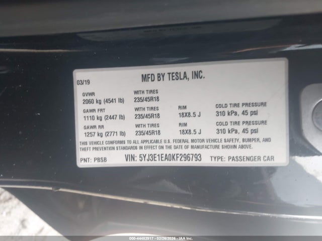 5YJ3E1EA0KF296793 Tesla MODEL 3