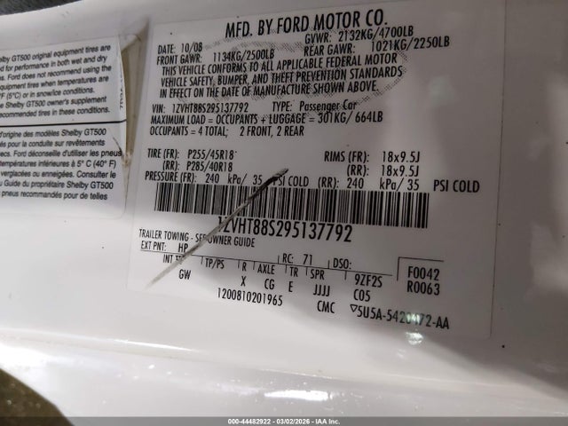 2009 FORD SHELBY GT500 1ZVHT88S295137792 Photo 8