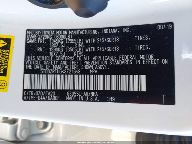 5TDBZRFH6KS721648 Toyota Highlander Le Plus