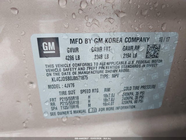 44482937 :رقم المزاد ، KL4CJDSB0JB571875 vin ، 2018 Buick Encore Premium مزاد بيع