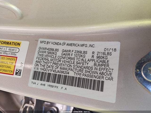 Honda ACCORD EX 2018 1HGCV1F45JA096204 Image 9