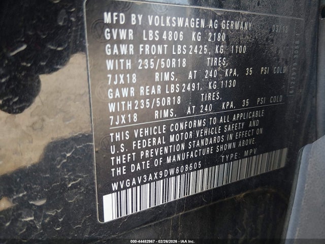 44482967 :رقم المزاد ، WVGAV3AX9DW608505 vin ، 2013 Volkswagen Tiguan Se مزاد بيع