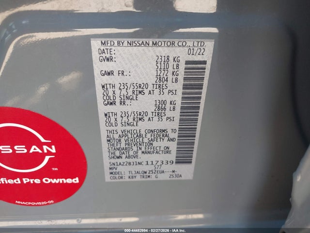5N1AZ2BJ1NC117339 Nissan Murano Sv Fwd